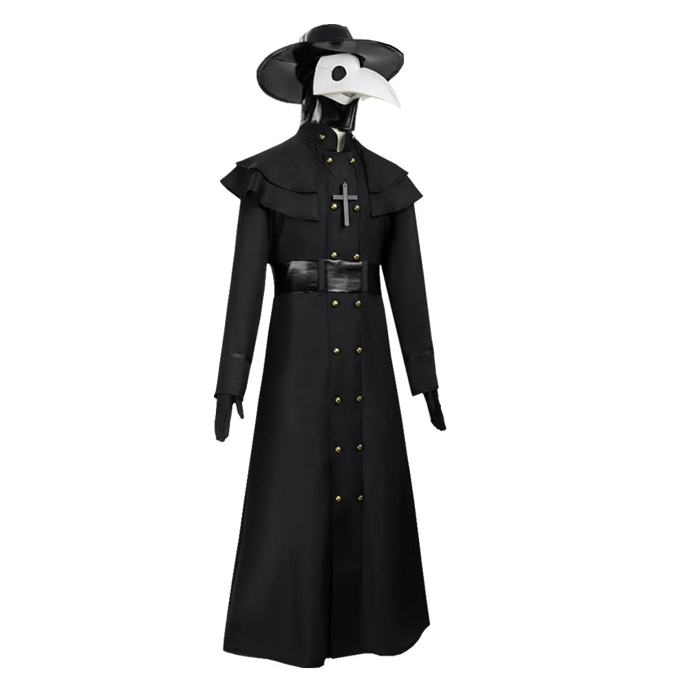 Costume médecin de la peste steampunk, détail du col crucifix et de la ceinture