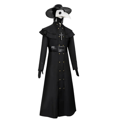 Costume médecin de la peste steampunk, détail du col crucifix et de la ceinture