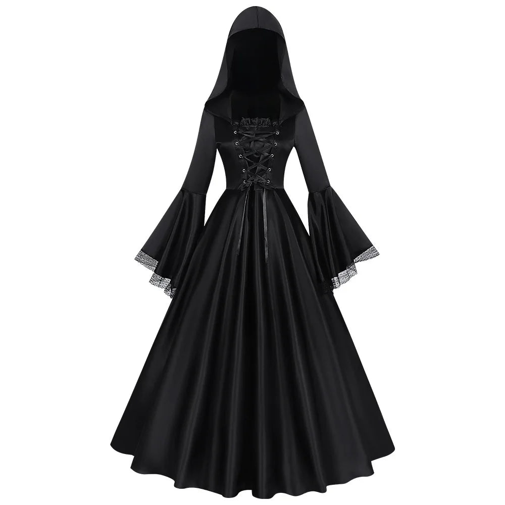 Robe de sorcière fantôme gothique noire sur mannequin, vue de face