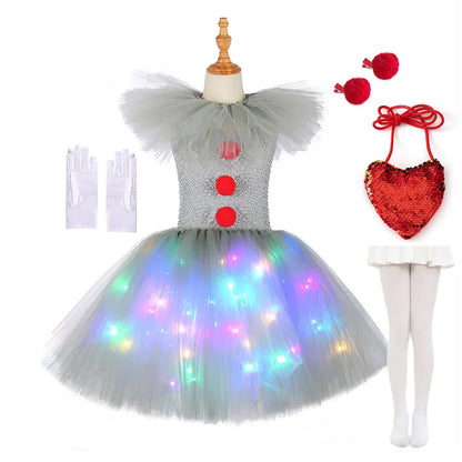 Robe tutu clown lumineuse avec gants, perruque et sac à bonbons en forme de cœur rouge