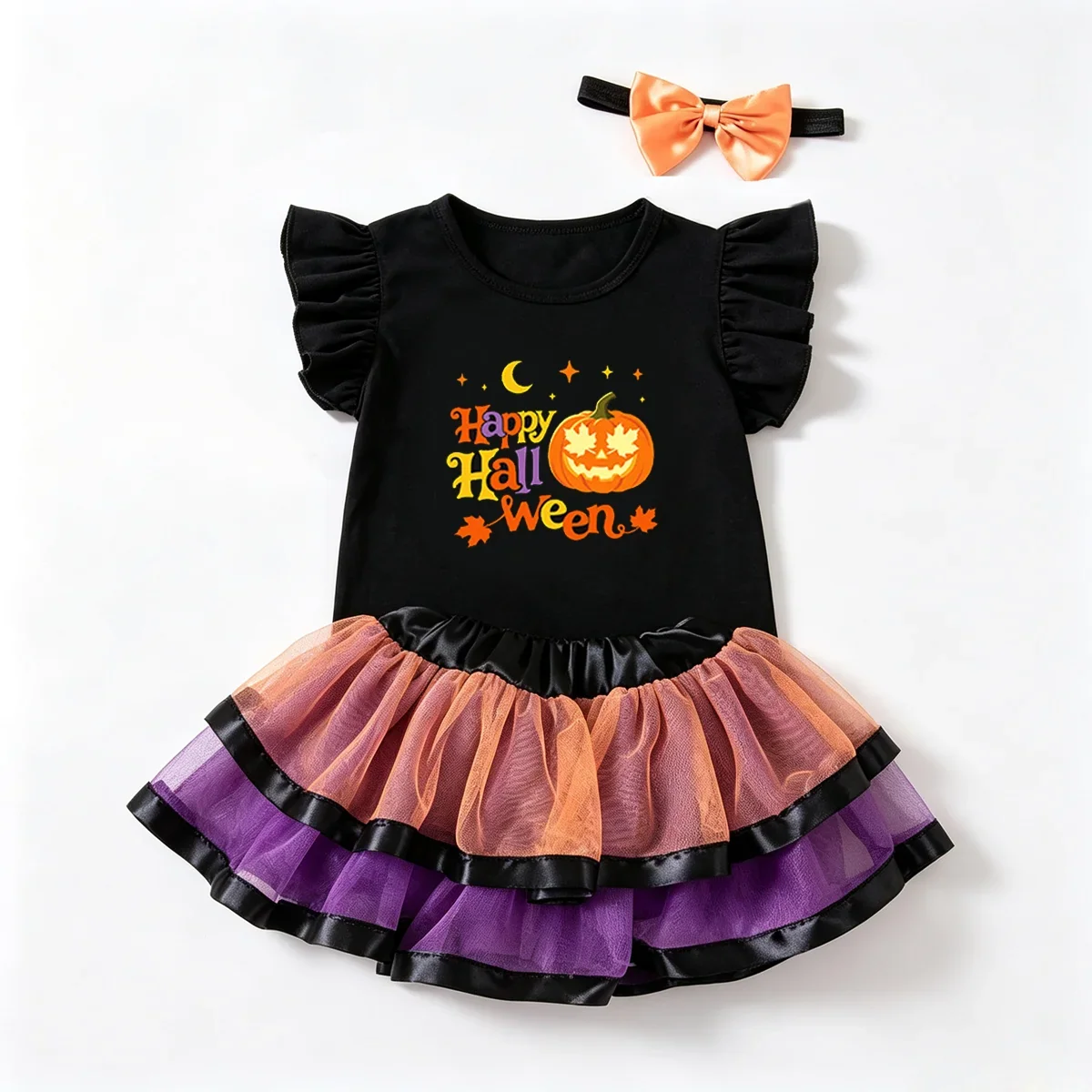 Tenue tutu Halloween bébé, jupe violette et orange, haut imprimé citrouille souriante