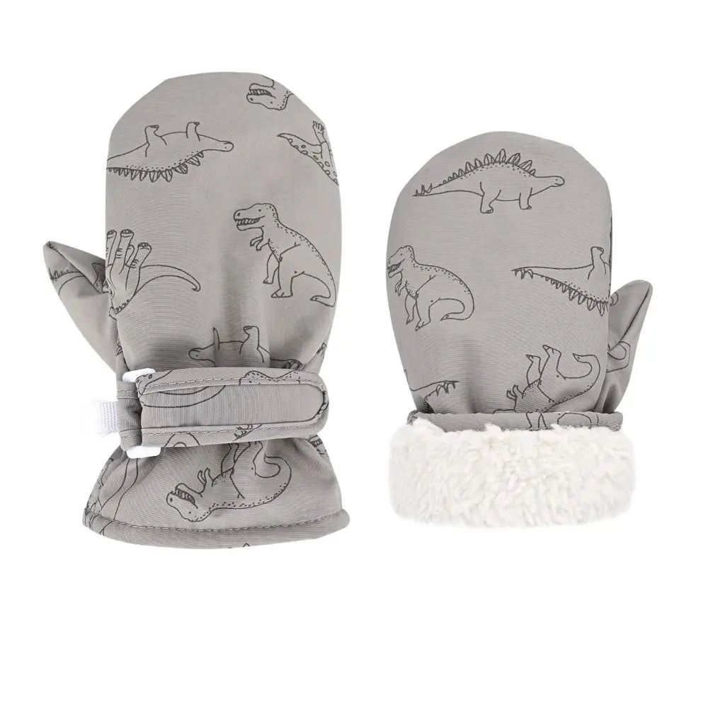 Moufles de ski imperméables enfant motif dinosaure avec poignet sherpa, coloris gris