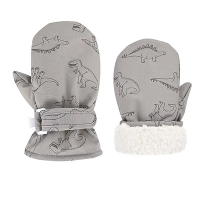 Moufles de ski imperméables enfant motif dinosaure avec poignet sherpa, coloris gris