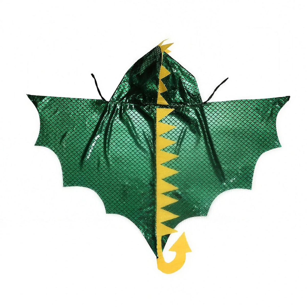 Cape dragon vert posée à plat, vue des ailes et de la queue à écailles