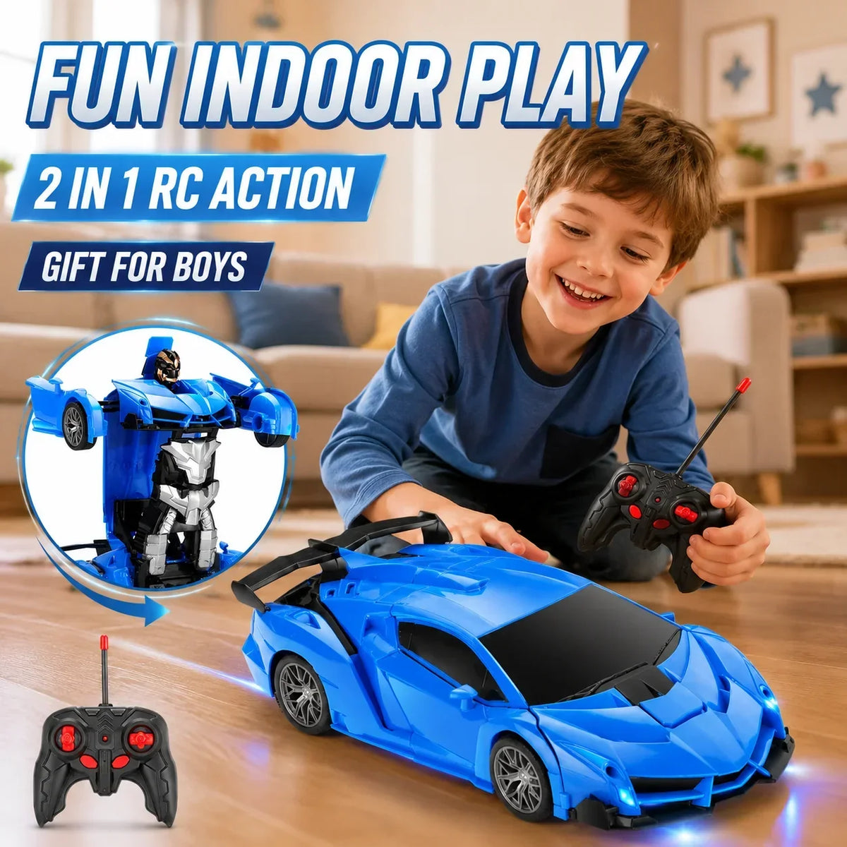 Enfant jouant avec la voiture RC transformable en robot