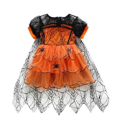Robe tutu orange effet toile d'araignée pour déguisement d'Halloween fille