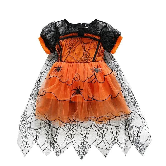 Robe tutu orange effet toile d'araignée pour déguisement d'Halloween fille