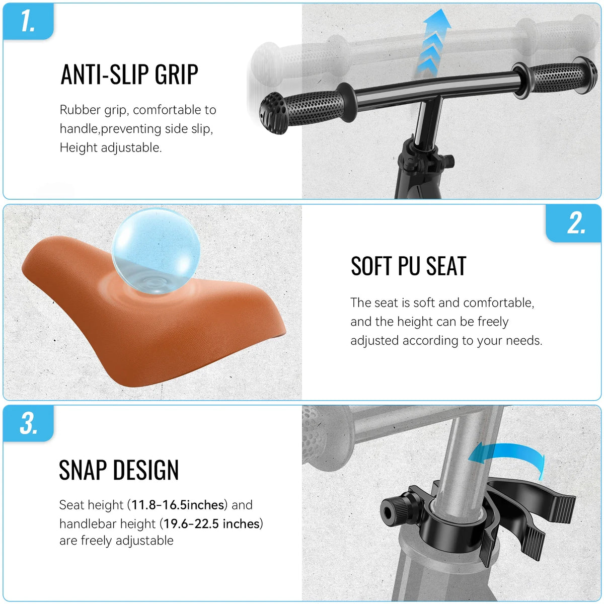 Caractéristiques de la draisienne : poignée antidérapante, selle PU moelleuse, réglage par clips