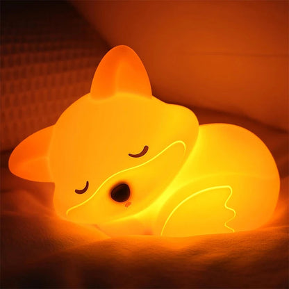 Veilleuse renard en silicone, lumière orange chaude allumée