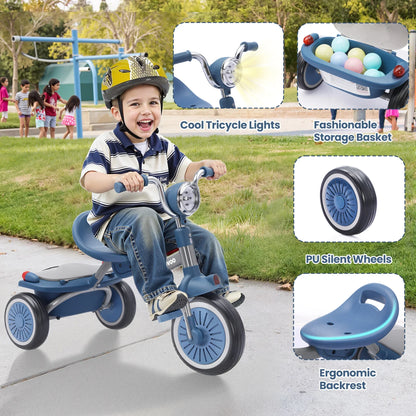 Gros plan sur le phare LED, le panier de rangement, les roues silencieuses et le dossier du tricycle