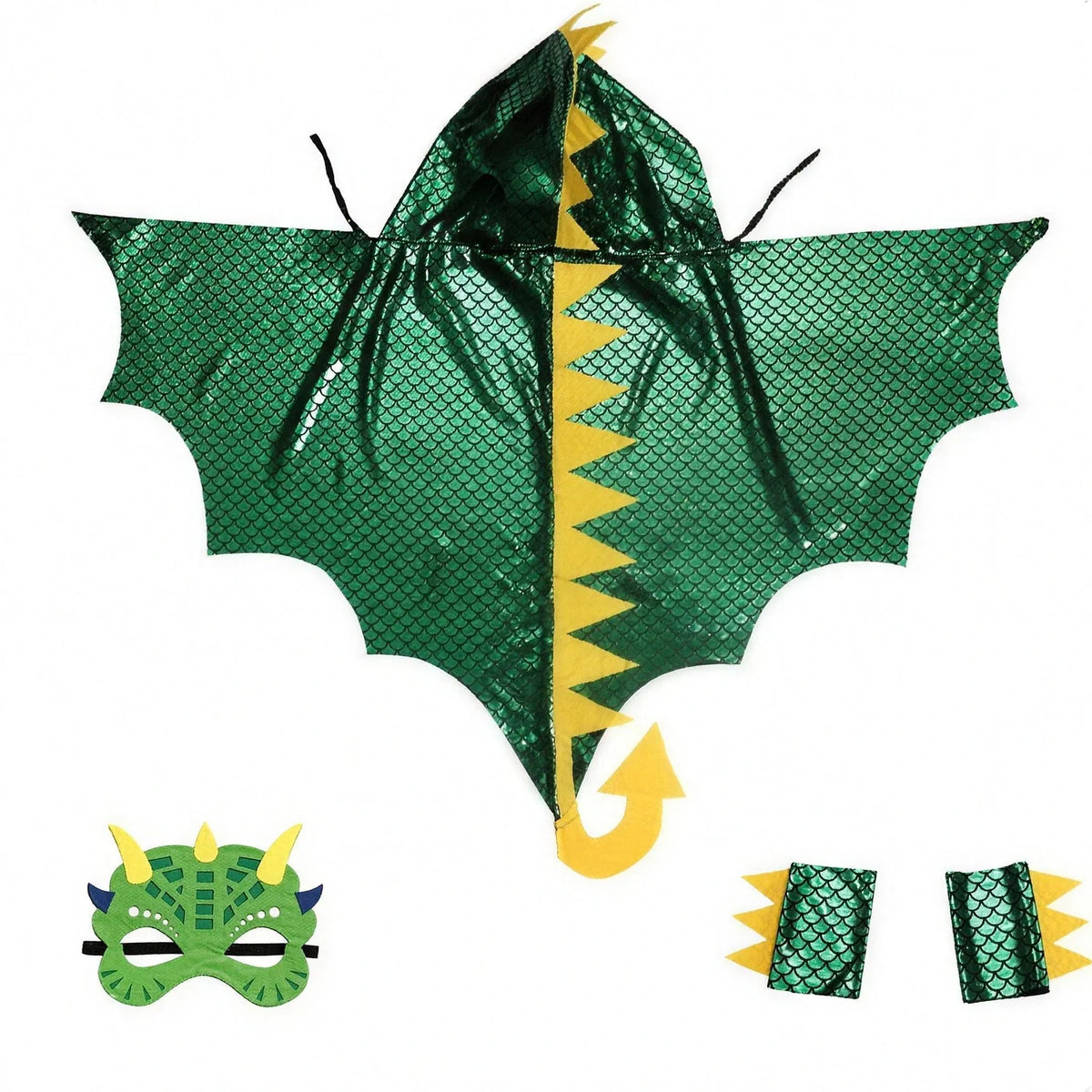 Cape à capuche dragon vert avec masque et bracelets à écailles assortis