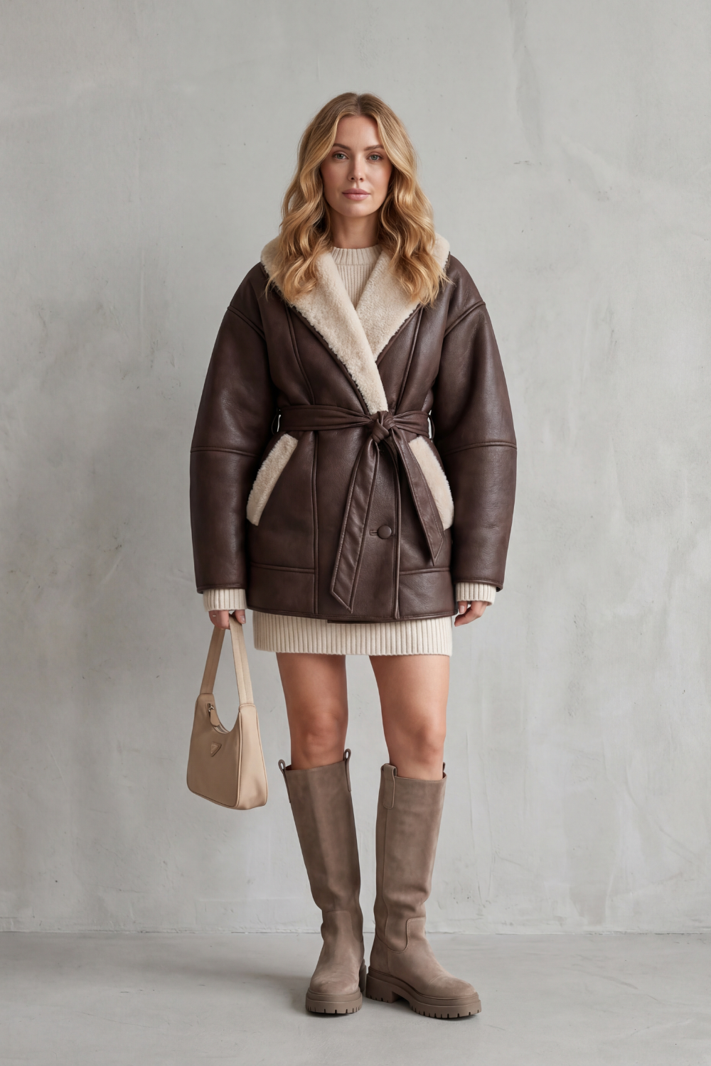 Manteau ceinturé cuir synthétique, vue portée