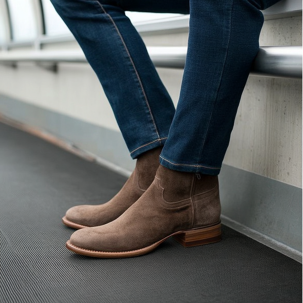 bottines western homme marron aspect daim, semelle