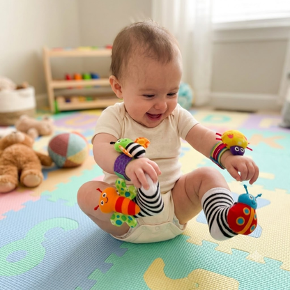 Bébé portant les hochets aux poignets et aux pieds
