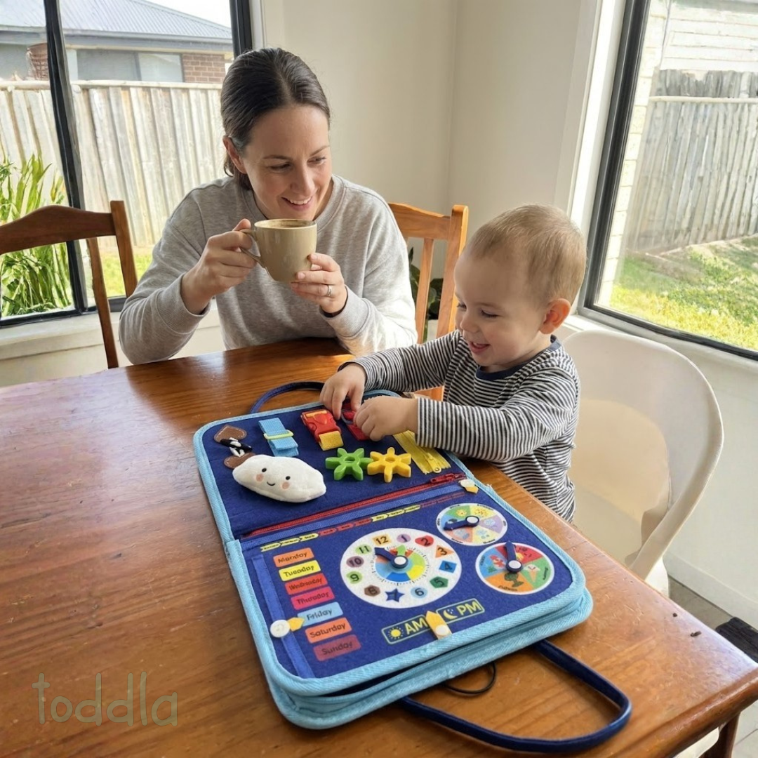 Enfant jouant seul avec la planche d'activités Montessori