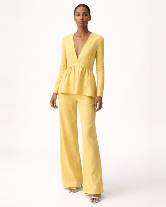 Ensemble femme top col V peplum & pantalon large – Silhouette fluide et structurée | Blouse col V