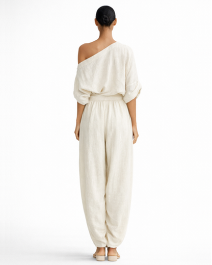 Combinaison femme une épaule – Coupe fluide jambe large | Jumpsuit lin élégant