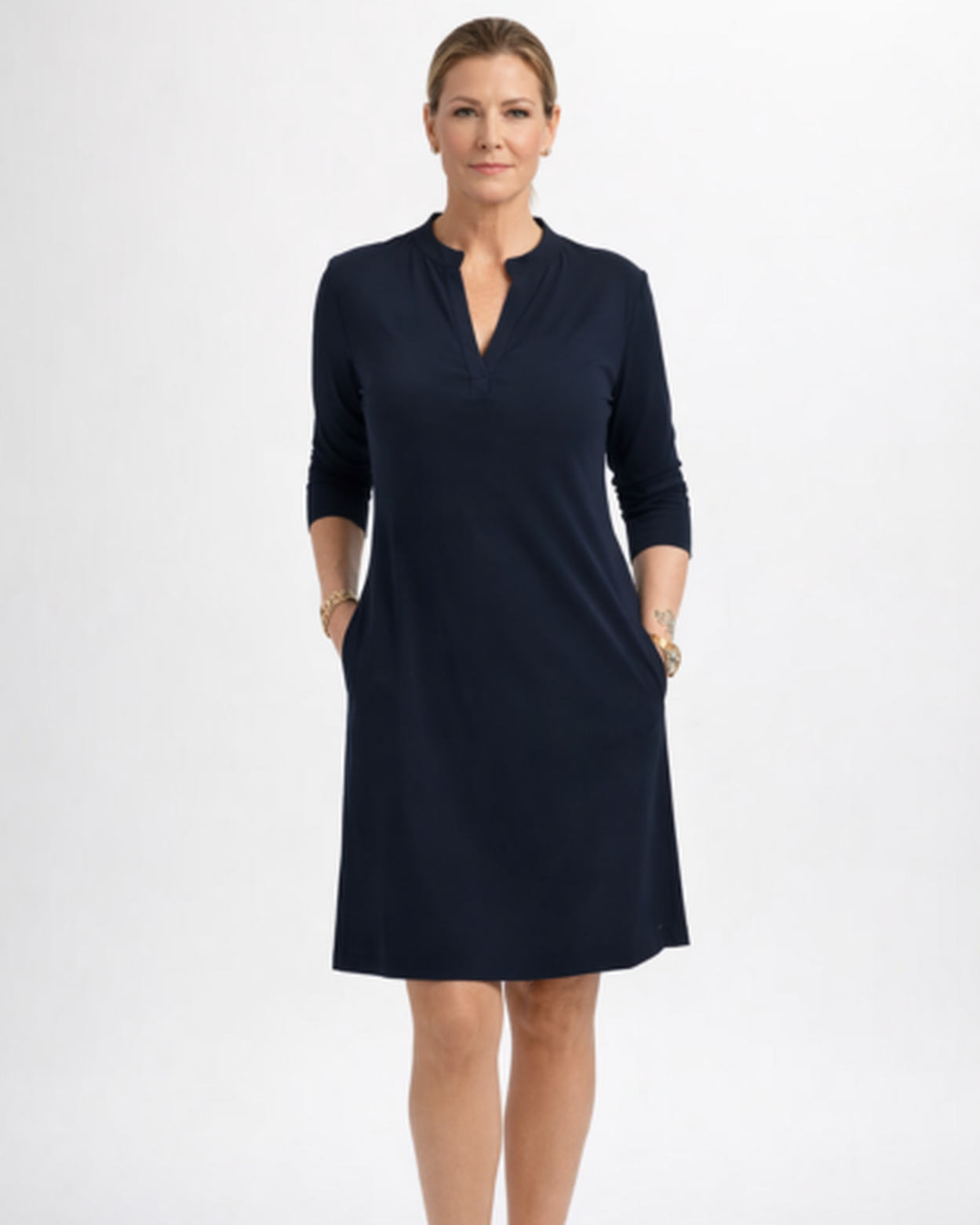 Robe droite femme – Coupe fluide chic à manches longues et poches | Robe col tunisien