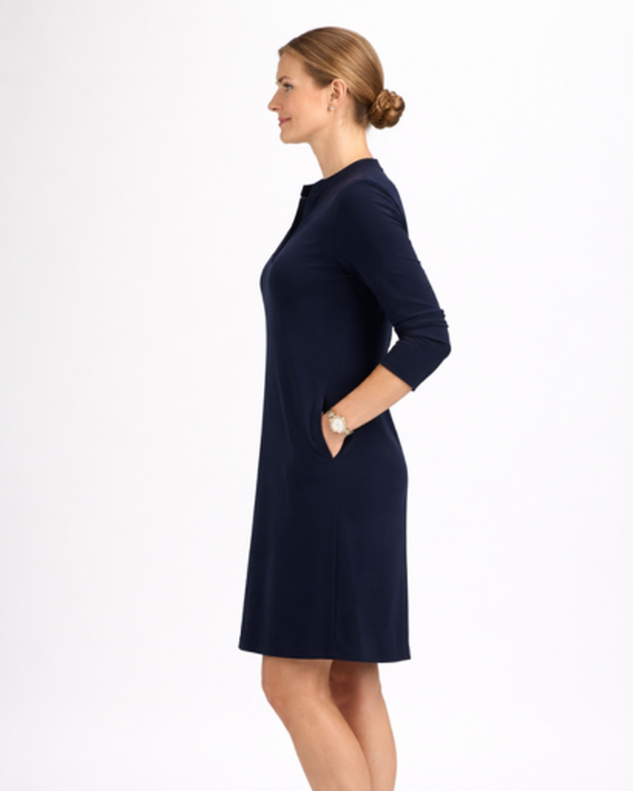 Robe droite femme – Coupe fluide chic à manches longues et poches | Robe col tunisien