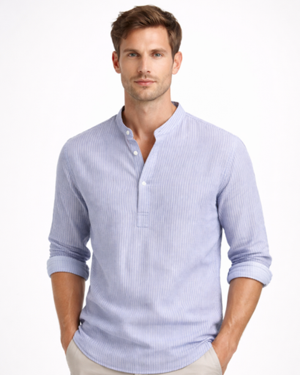 chemise homme col tunisien rayée, manches longues détail