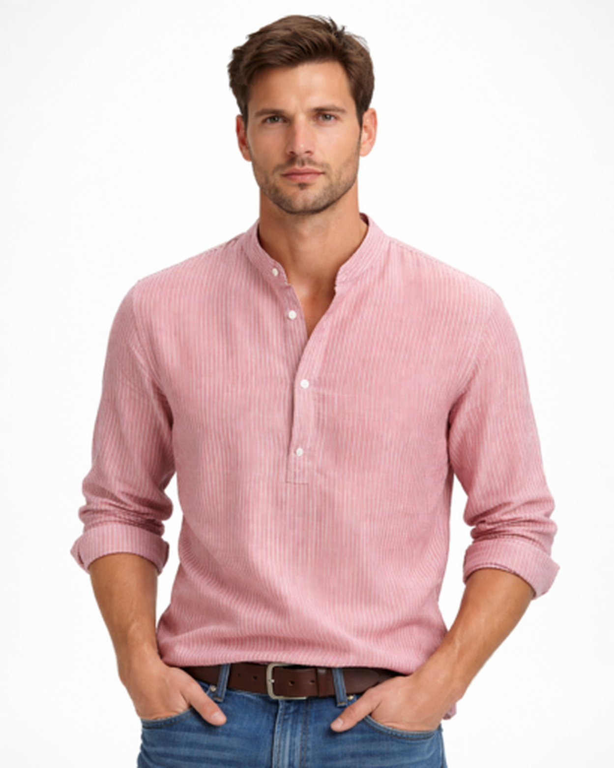 chemise homme col tunisien rayée, vue portée complète