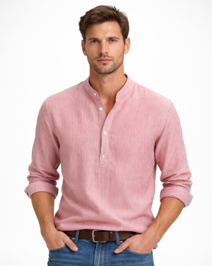 chemise homme col tunisien rayée, vue portée complète