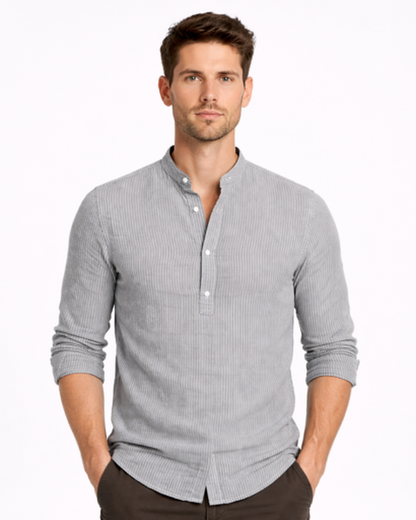chemise homme col tunisien rayée, détail boutonnage