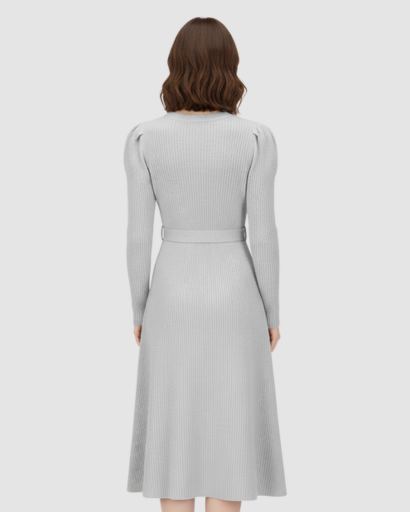 Robe Midi Maille Femme Ceinturée – Coupe Évasée & Manches Longues | Élégance Soirée & Bureau