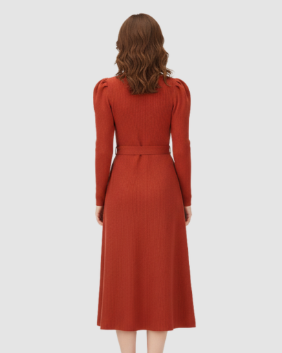 Robe Midi Maille Femme Ceinturée – Coupe Évasée & Manches Longues | Élégance Soirée & Bureau