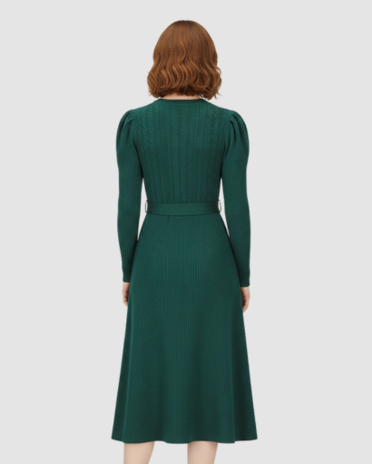 Robe Midi Maille Femme Ceinturée – Coupe Évasée & Manches Longues | Élégance Soirée & Bureau