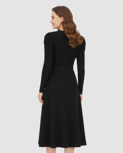 Robe Midi Maille Femme Ceinturée – Coupe Évasée & Manches Longues | Élégance Soirée & Bureau
