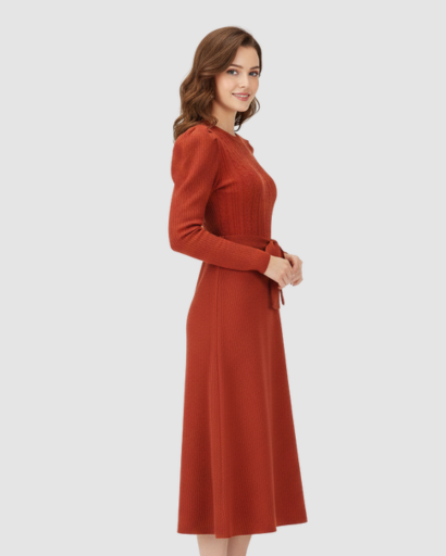 Robe Midi Maille Femme Ceinturée – Coupe Évasée & Manches Longues | Élégance Soirée & Bureau