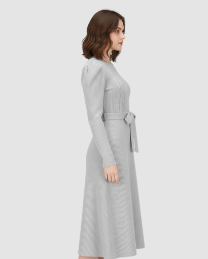 Robe Midi Maille Femme Ceinturée – Coupe Évasée & Manches Longues | Élégance Soirée & Bureau