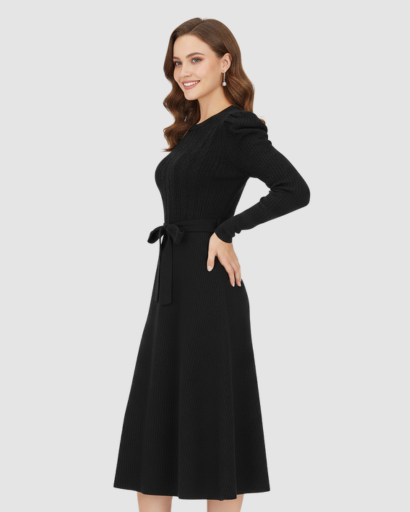 Robe Midi Maille Femme Ceinturée – Coupe Évasée & Manches Longues | Élégance Soirée & Bureau