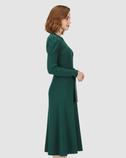 Robe Midi Maille Femme Ceinturée – Coupe Évasée & Manches Longues | Élégance Soirée & Bureau