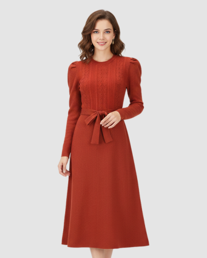 Robe Midi Maille Femme Ceinturée – Coupe Évasée & Manches Longues | Élégance Soirée & Bureau