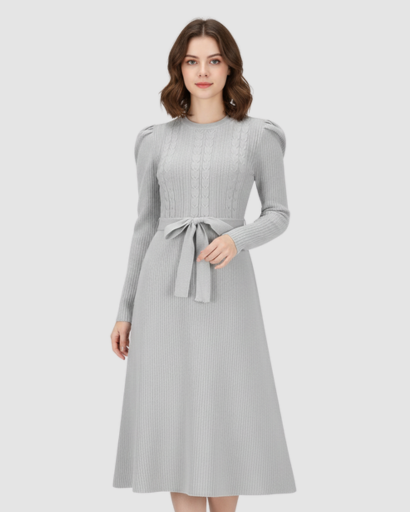 Robe Midi Maille Femme Ceinturée – Coupe Évasée & Manches Longues | Élégance Soirée & Bureau