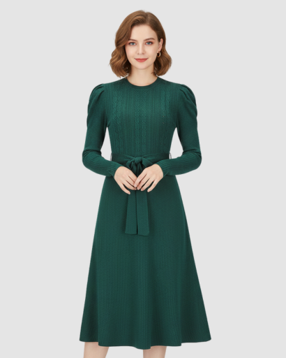 Robe Midi Maille Femme Ceinturée – Coupe Évasée & Manches Longues | Élégance Soirée & Bureau