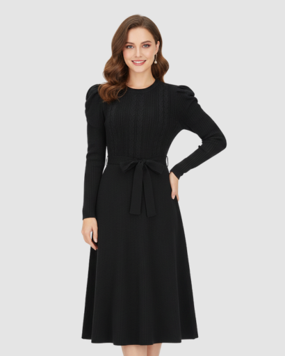 Robe Midi Maille Femme Ceinturée – Coupe Évasée & Manches Longues | Élégance Soirée & Bureau