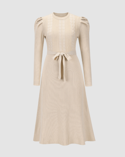 Robe Midi Maille Femme Ceinturée – Coupe Évasée & Manches Longues | Élégance Soirée & Bureau