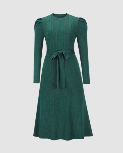 Robe Midi Maille Femme Ceinturée – Coupe Évasée & Manches Longues | Élégance Soirée & Bureau