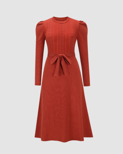 Robe Midi Maille Femme Ceinturée – Coupe Évasée & Manches Longues | Élégance Soirée & Bureau