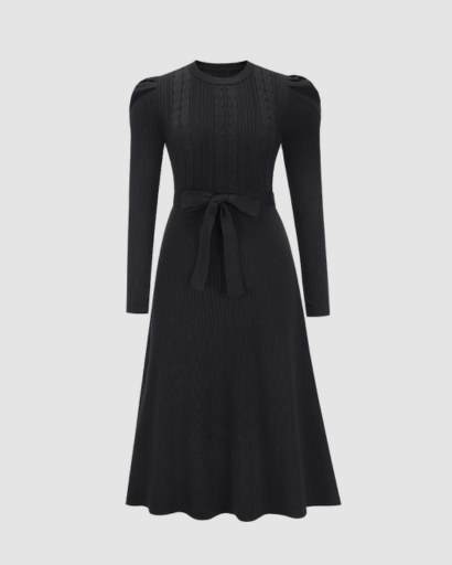 Robe Midi Maille Femme Ceinturée – Coupe Évasée & Manches Longues | Élégance Soirée & Bureau
