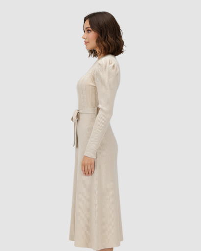 Robe Midi Maille Femme Ceinturée – Coupe Évasée & Manches Longues | Élégance Soirée & Bureau