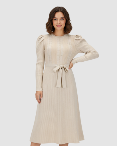Robe Midi Maille Femme Ceinturée – Coupe Évasée & Manches Longues | Élégance Soirée & Bureau