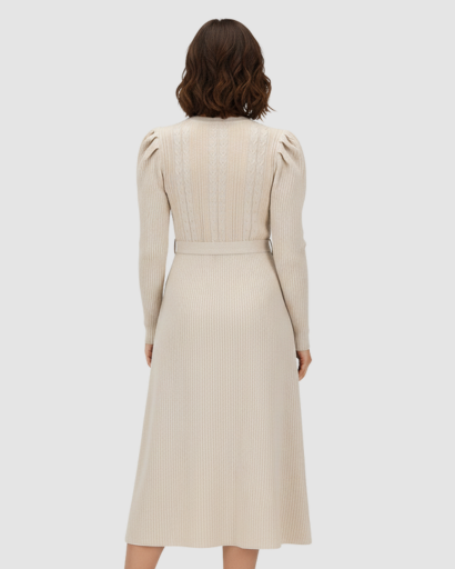 Robe Midi Maille Femme Ceinturée – Coupe Évasée & Manches Longues | Élégance Soirée & Bureau