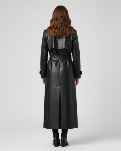Trench coat femme en cuir long porté en automne