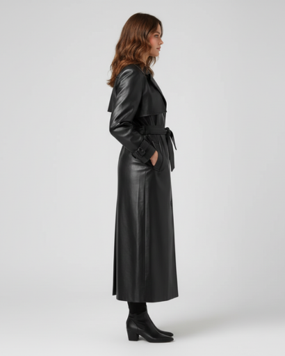Trench coat femme en cuir long porté en automne
