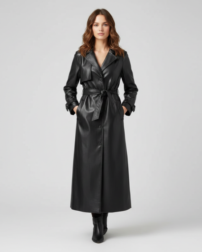Trench coat femme en cuir long porté en automne