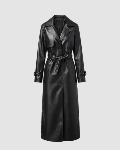 Trench coat femme en cuir long porté en automne